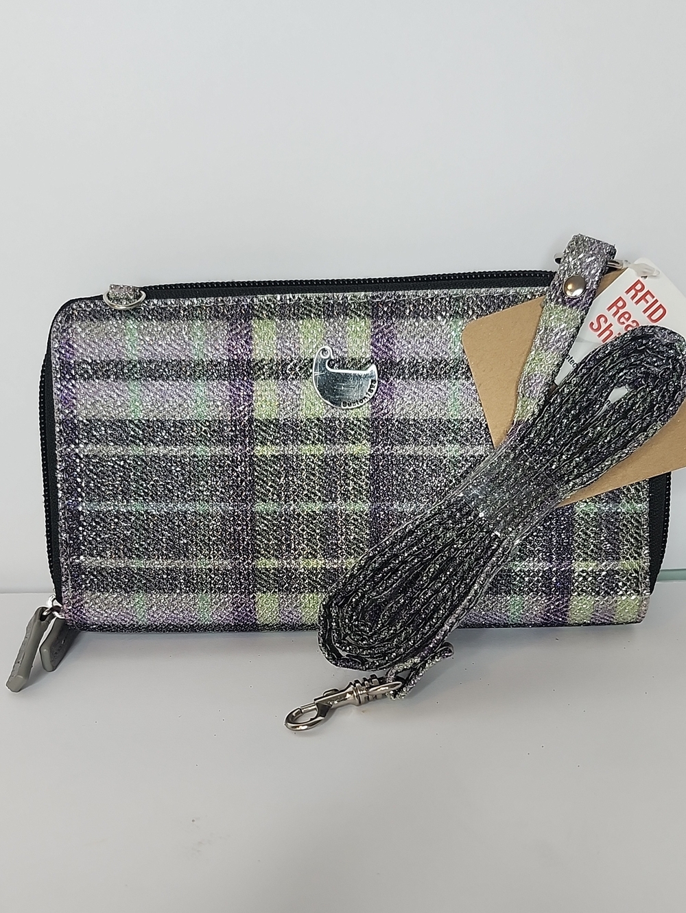 Plaid Metallic Wristlet Crossbody Wallet in Green and Purple